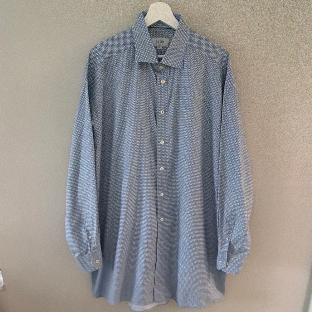Eton Classic Fit Blue Geometric Micro‎ Print Button Down Shirt Men XL 17.5 44